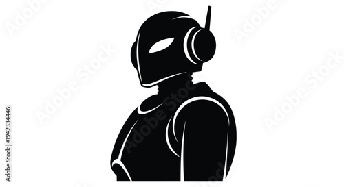 Silhouette of a futuristic cyborg with headphones set against a white background