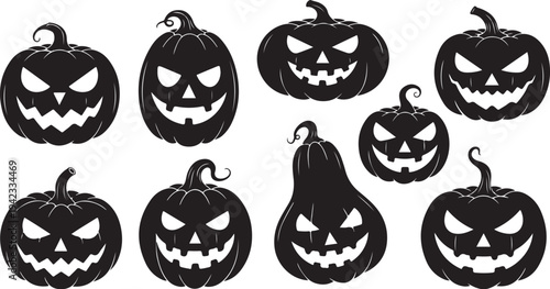 Collection of scary black jack-o-lanterns on white background