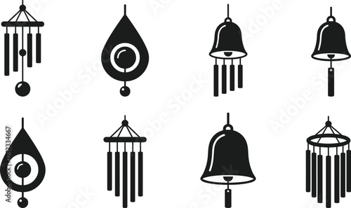 Vector set of wind chimes, hanging bells, and melodic garden ornaments in black silhouette style for home decor, zen, and meditation.