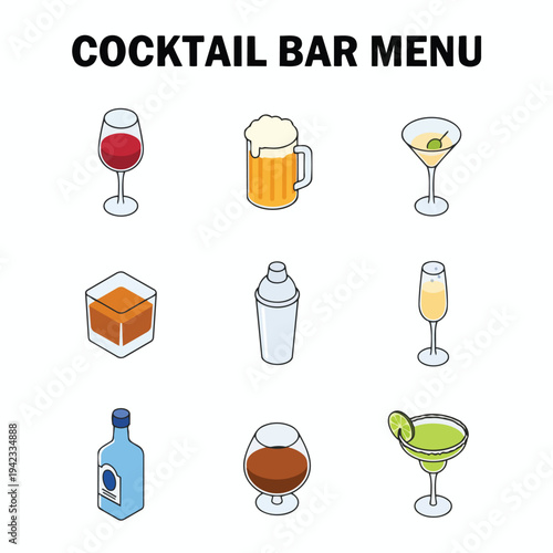 Cocktail bar menu icon set featuring various alcoholic drinks and bar equipment in isometric flat design style vector illustration