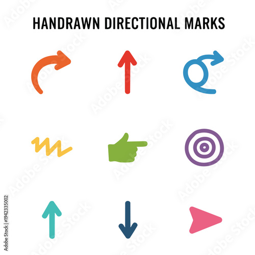 Hand drawn directional marks and arrow symbols, displayed in a colorful minimalist set for business presentation and creative design vector illustration