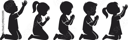 Vector silhouette set of diverse young children kneeling and praying with hands joined, representing faith, spirituality, and hope, white background.