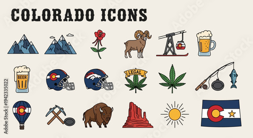 Rustic Colorado State Symbols Collection Hand-Drawn Icons for Travel and Adventure in the Centennial State