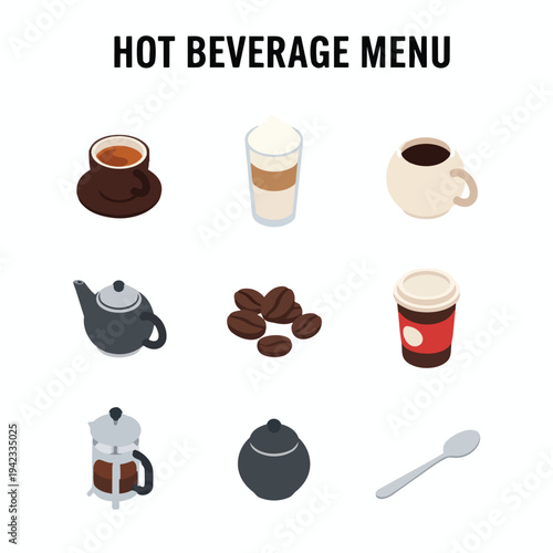 Hot beverage icons set featuring coffee and tea preparation tools for cafe menu design, isometric vector illustration
