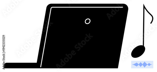 Digital music. A laptop alongside a music note digital music creation and playback. Digital music enhances innovation, accessibility, and global audio platforms. Perfect for tech audio