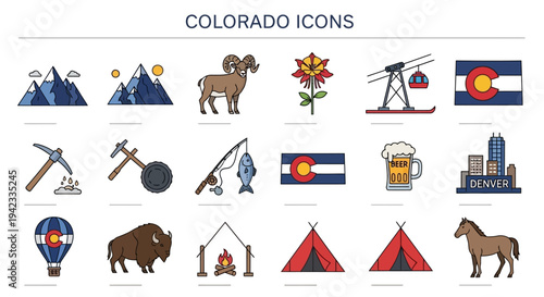 Colorado Icons Featuring State Symbols and Landmarks