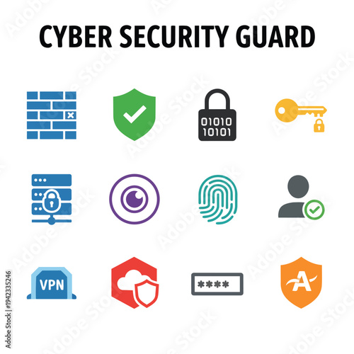 Cyber security guard icons set featuring various internet safety and data protection symbols in flat design style for digital privacy and network defense vector illustration