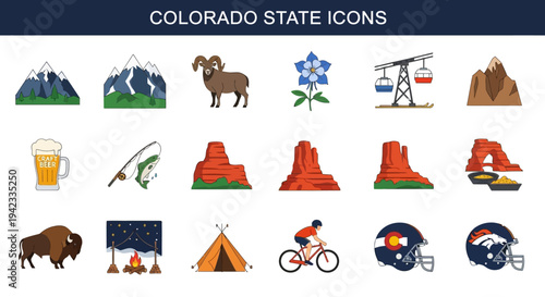 Illustrative collection of flat design icons depicting significant symbols, natural landmarks, and popular activities representing the vibrant spirit of Colorado