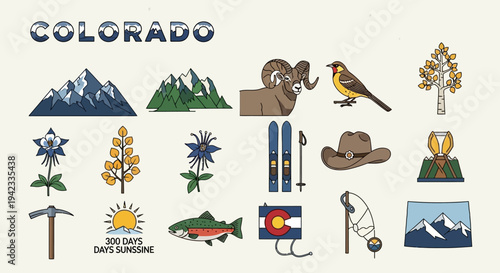 Colorado State Symbols and Icons Collection Mountains, Wildlife, and Outdoor Activities
