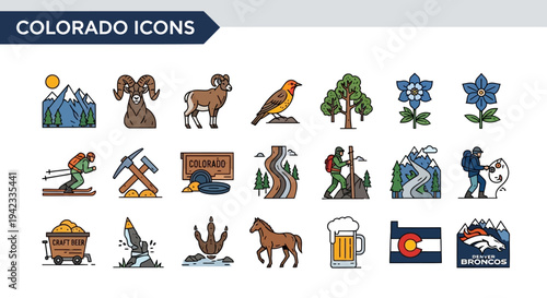 Colorado State Icons Collection for Travel and Lifestyle Vector Illustrations