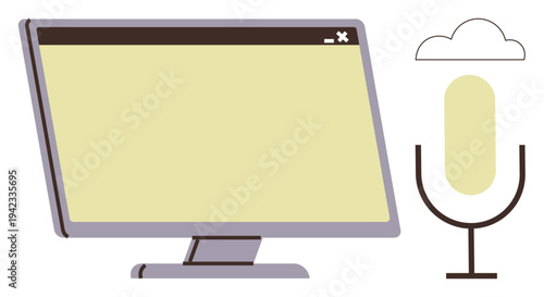 Digital technology, media production, online communication, podcasting, cloud computing, digital recording. Illustration of a monitor, microphone and cloud symbol. Podcasting and cloud computing