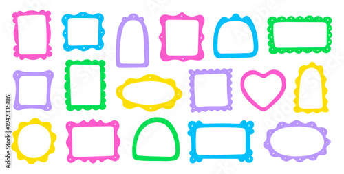 Frame border hand drawn cute set. Cute doodle frame border square, rectangle line photo picture shapes. Cartoon children kids bow scallop lace stamp retro vintage card. Vector illustration