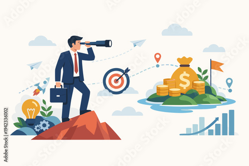 Visionary businessman on a mountain peak using a telescope to find profit opportunities on a treasure island with money bags and coins, symbolizing strategic planning, growth, and success.