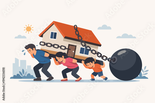 Family Carrying Heavy House Chained to a Large Weight Representing Mortgage Debt and Financial Burden, Flat Vector Illustration of Stressed Parents and Child Struggling with Home Loan Costs.