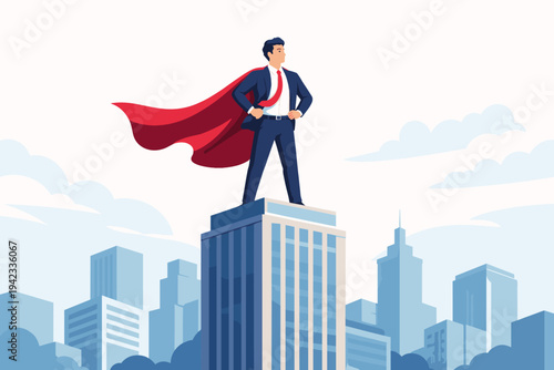 Successful Businessman Superhero in Red Cape Standing on Top of a Skyscraper Overlooking the City Skyline, Concept of Leadership, Power, Ambition, and Achievement, Simple Flat Vector Illustration
