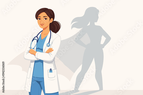 Vector illustration of a confident female doctor or nurse standing with arms crossed, casting a superhero shadow with a cape on the wall, representing healthcare workers as modern-day heroes.