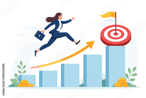 Businesswoman jumping over rising bar chart towards target with flag. Concept of career growth, ambition, and financial success. Flat vector illustration for business motivation and goals.
