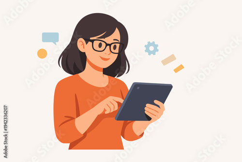 Flat Vector Illustration of a Young Woman with Glasses Using a Tablet Computer for Work, Study, or Social Media, Featuring Modern Digital Icons and a Minimalist Design for Tech and Business Use