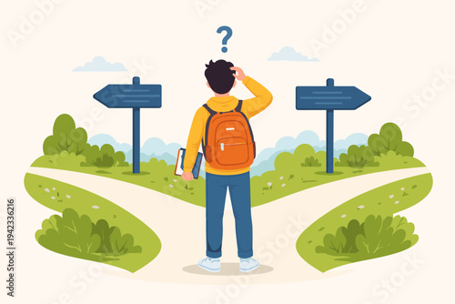 Flat Vector Illustration of a Young Student with a Backpack Standing at a Crossroads, Feeling Confused and Deciding Which Path to Take for His Future Career, Education, and Life Direction.