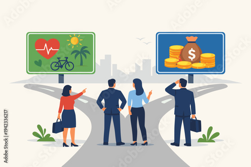 Business People Standing at Crossroads Choosing Between Healthy Lifestyle and Wealth, Work Life Balance Concept, Career vs Health Decision, Flat Vector Illustration of People at a Fork in the Road