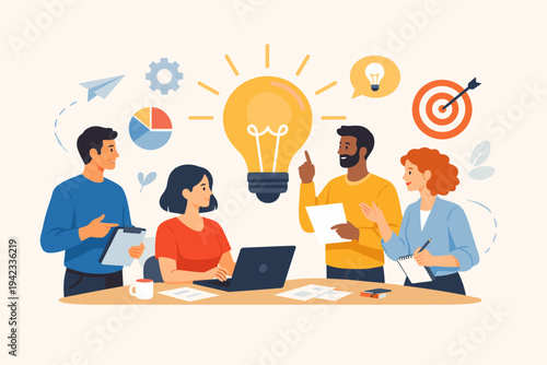 Diverse creative business team collaborating on a new idea during a brainstorming session with a large glowing lightbulb, laptop, and office icons in a modern flat vector illustration style.