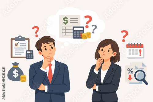 Professional businessman and businesswoman thinking about financial planning, tax management, and business accounting with icons of money, calculator, calendar, and magnifying glass.