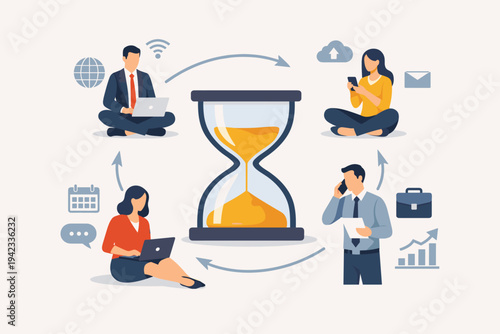 Business People Working Online with Laptops and Smartphones Around Large Hourglass, Representing Time Management, Productivity, Deadlines, Global Remote Teamwork, and Efficient Workflow Illustration