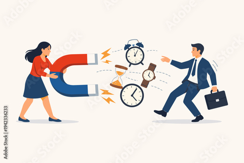 Vector Illustration of a Woman Using a Large Magnet to Attract and Steal Time from a Businessman, Representing Time Management, Productivity Loss, and Work-Life Balance Concepts in Flat Style.