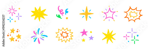 Star sticker crayon texture icon set. Star icon kid sketch hand drawn line marker crayon brush color texture..Cute cartoon funny childish magic twinkle glow pastel decoration. Vector illustration.