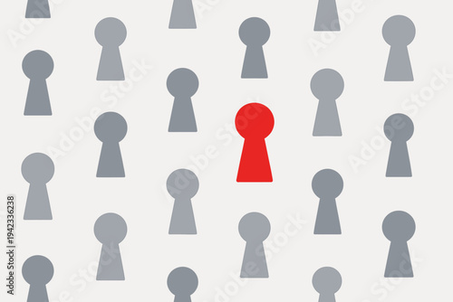 Vector illustration of multiple grey keyholes arranged in a pattern on a white background with one outstanding bright red keyhole in the center representing uniqueness, choice, and solution.