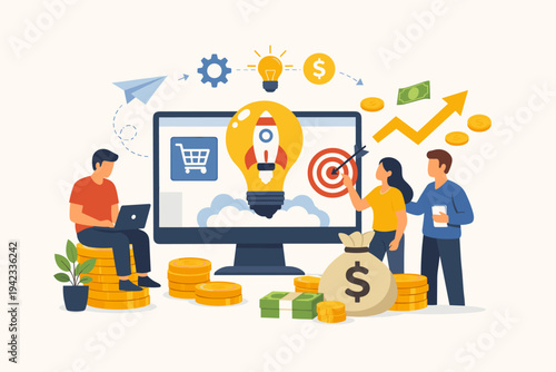 Business Startup Concept with People Brainstorming Online Ideas for E-commerce Success, Team Working on Innovation with Lightbulb Rocket, Financial Growth, Money Investment and Profit Strategy Vector
