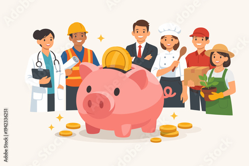 Diverse group of professionals including doctor, builder, businessman, chef, delivery worker and gardener standing behind a large pink piggy bank with gold coins for savings and financial growth.