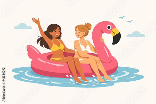 Two cheerful women in yellow and white bikinis enjoying summer on a giant pink flamingo pool float in the water, flat vector illustration of friends on vacation, leisure and travel concept.