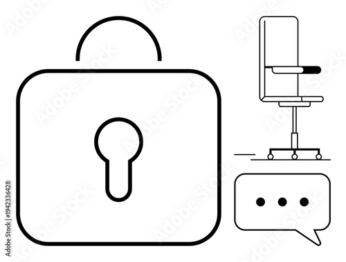 Data security, remote work, business communication, cybersecurity, privacy, digital solutions. A large lock icon, an office chair and a speech bubble with ellipsis. Data security and remote work