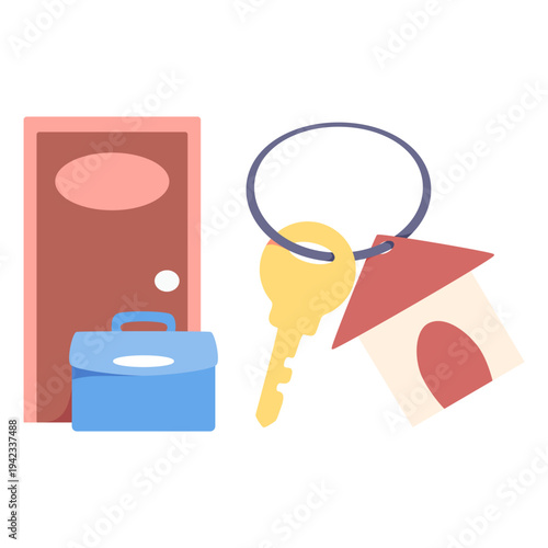 Illustration of a house key with a door and briefcase. Perfect for home security, office, and business concepts.