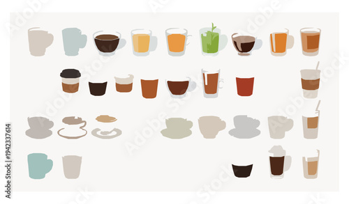 Large collection of tea and coffee cups vector set with ceramic mugs espresso cups and takeaway coffee flat illustration