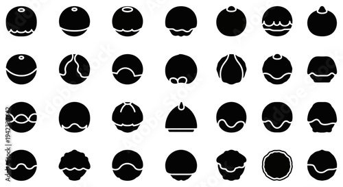 Collection of Black Round Icons Representing Various Food Items and Textures