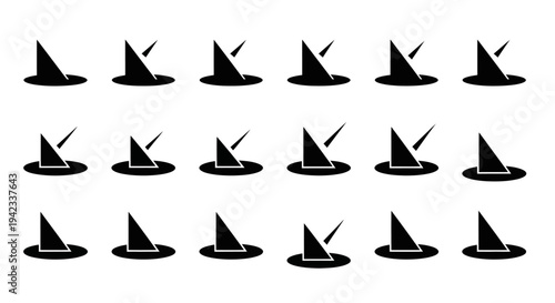 A row of identical black wizard hats with pointed tops and wide brims, depicted in a simple, minimalist graphic style