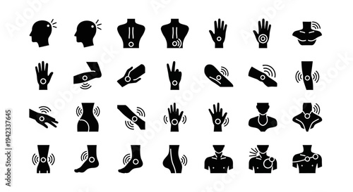 Collection of black and white icons representing body parts experiencing pain or discomfort