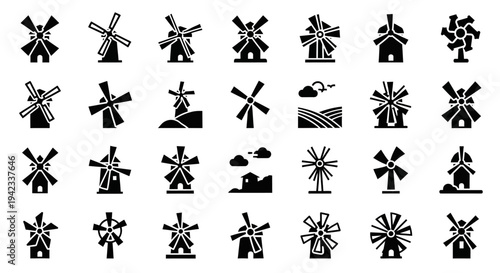 Collection of Windmill Icons Representing Renewable Energy and Agriculture