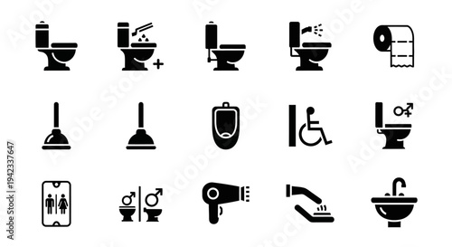 Collection of essential restroom and bathroom icons, featuring toilets, urinals, plungers, and accessibility symbols