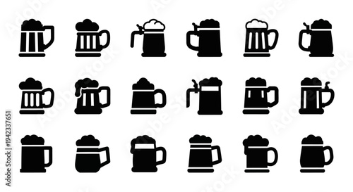 Collection of black and white icons representing various beer mugs and glasses filled with frothy beer, perfect for beverage-related designs