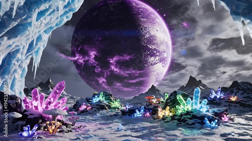 Surreal Alien Landscape with Ice Cave - This video depicts a view from inside an ice cave, looking out at a surreal landscape with a massive purple planet in the sky.