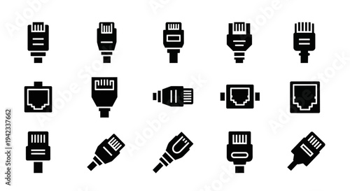 Various network cable connectors, including Ethernet and RJ45, displayed as icons on a white background
