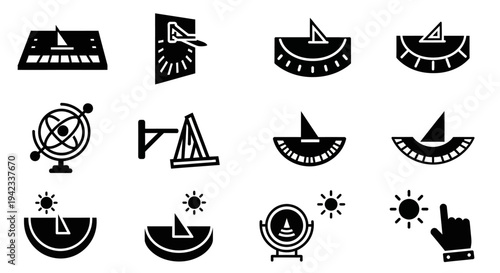 Collection of icons representing sundials, globes, and celestial timekeeping devices