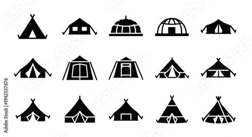Collection of diverse tent icons representing various camping and outdoor shelter designs, perfect for travel and adventure themes