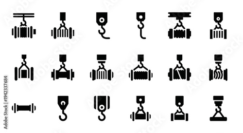 Collection of industrial crane hook and lifting equipment icons for construction and logistics