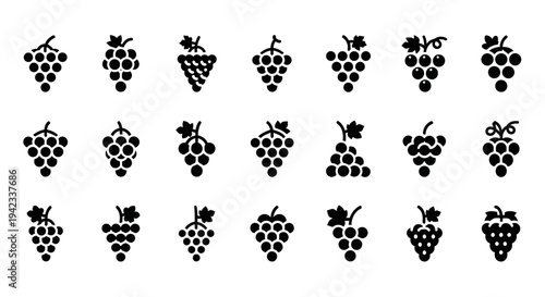 Collection of 21 stylized grape cluster icons in black, perfect for culinary or vineyard-themed designs