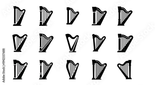 Collection of harp instrument icons, various designs for musical notation and branding