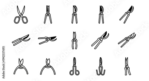 Collection of various garden pruning shears and cutting tools for horticultural use